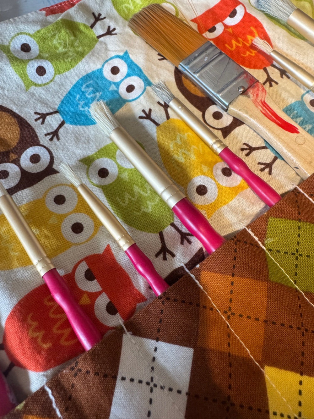 Handmade Reversible Art Tote Project Bag Owl & Argyle - Picture 5 of 10